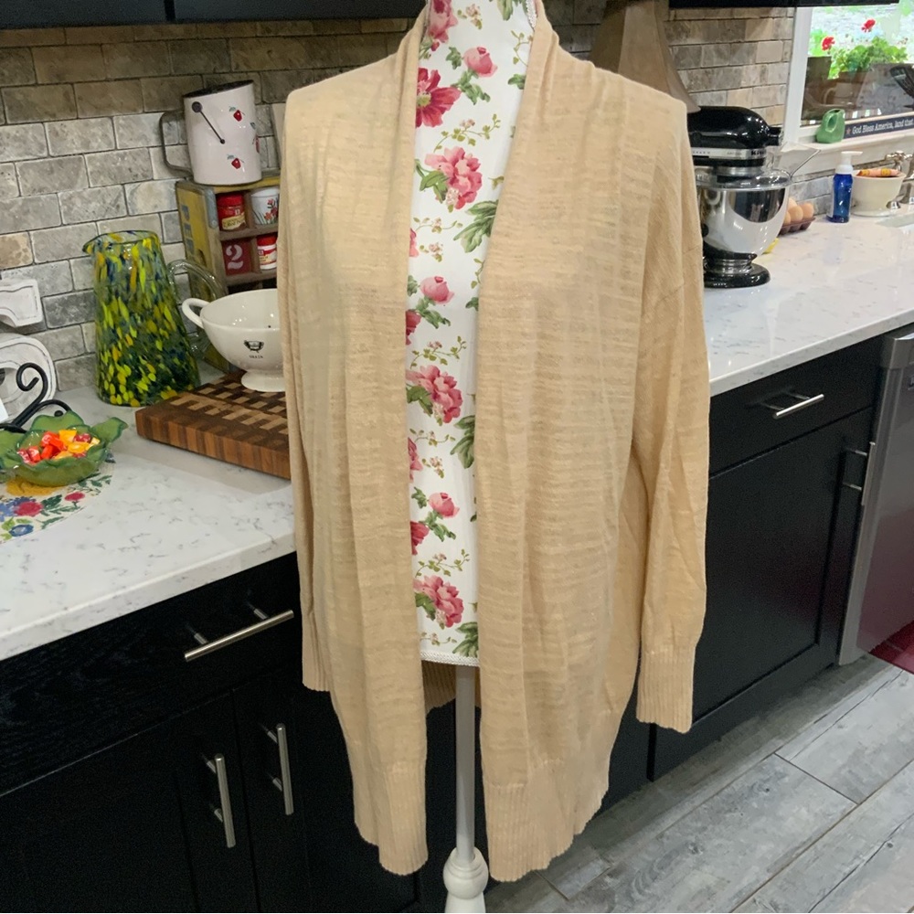 Lou & Grey for Loft Long Cardigan Sweater Tan Linen Cotton Blend
Medium
